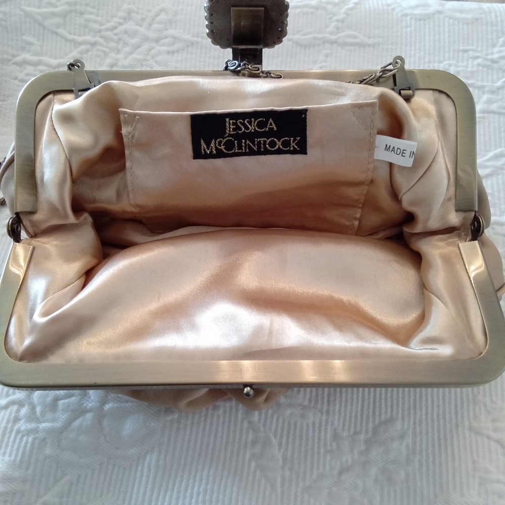 Jessica McClintock Gold Satin Clutch with Jewel Accent & Antique Goldtone Chain - Picture 8 of 10
